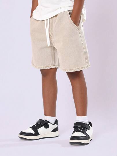 SUMWON 男童休闲抽绳宽松款经典夏季牛仔休闲短裤青少年日常裤带口袋