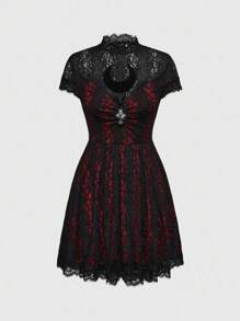 ROMWE Goth 女式哥特式月亮刺绣撞色蕾丝迷你连衣裙 - 紅色 - 查看 1