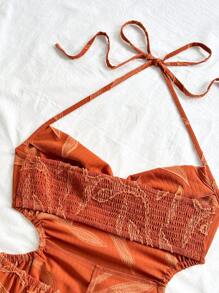 Soleia 女士度假露背系带镂空腰部宽松连体衣，波西米亚风，浪漫花卉，度假风 - 棕色 - 查看 6