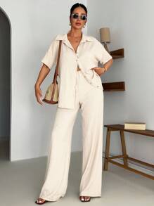 EURMUSE 2 Pcs Regular Shirt And Wide Leg Pants - Beige - View 1