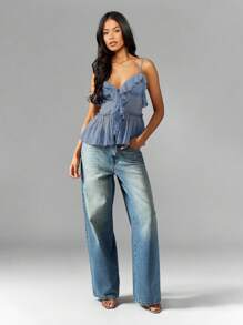 MISSGUIDED Ruffle Smock Cami Chiffon Summer Top Pleated Layer Peplum Bustier Spring Holiday Party Tank Camisole - Blue - View 3