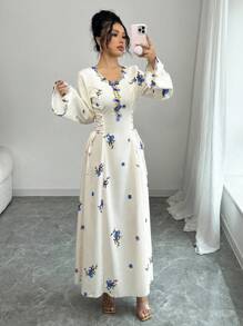 Yasmyna Women's Woven Floral Print Ruffle Tie-Waist A-Line Arabic Dress - Blue - View 6