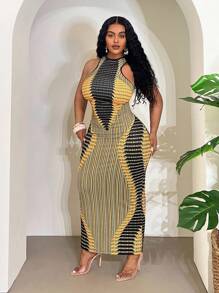 Veslaya 2025 Spring/Summer New Arrival Plus Size Women Dress, Casual/Resort/Tropical Vacation/Music Festival/Road Trip/Date/ Holiday/Party/Sexy Club Outfit, Street Fashion Fitted Mandarin Collar Sleeveless Yellow & Black Abstract Tech Symmetrical Color Blocking Midi Dress - B Plus Size Bodycon Dress Curve Summer Dresses Bodycon Maxi Dress - Yellow - View 3