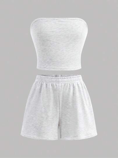 SHEIN Girlism Set casual da 2 pezzi di ragazza preragnessa composto da canotta corta grigio chiaro e pantaloncini in tinta unita