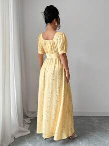Elenzga 女士优雅夏季印花长裙 - 黃色 - 查看 2