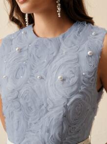 Anewsta Đầm midi không tay thiết kế thanh lịch cho nữ, trang trí hoa nhiều lớp, thắt eo ngọc trai, thích hợp cho mùa xuân, mùa hè, lễ hội, tốt nghiệp - Màu xanh lam - Xem 2