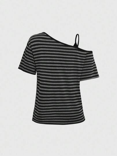 Grunge Punk Dark Punk Striped Letter Rhinestone Oblique Shoulder Loose 2 In 1 Women T-Shirt