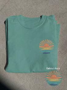 INAWLY 夏季休闲T恤，太阳刺绣图案T恤，圆领女士刺绣T恤 - 綠色 - 查看 1