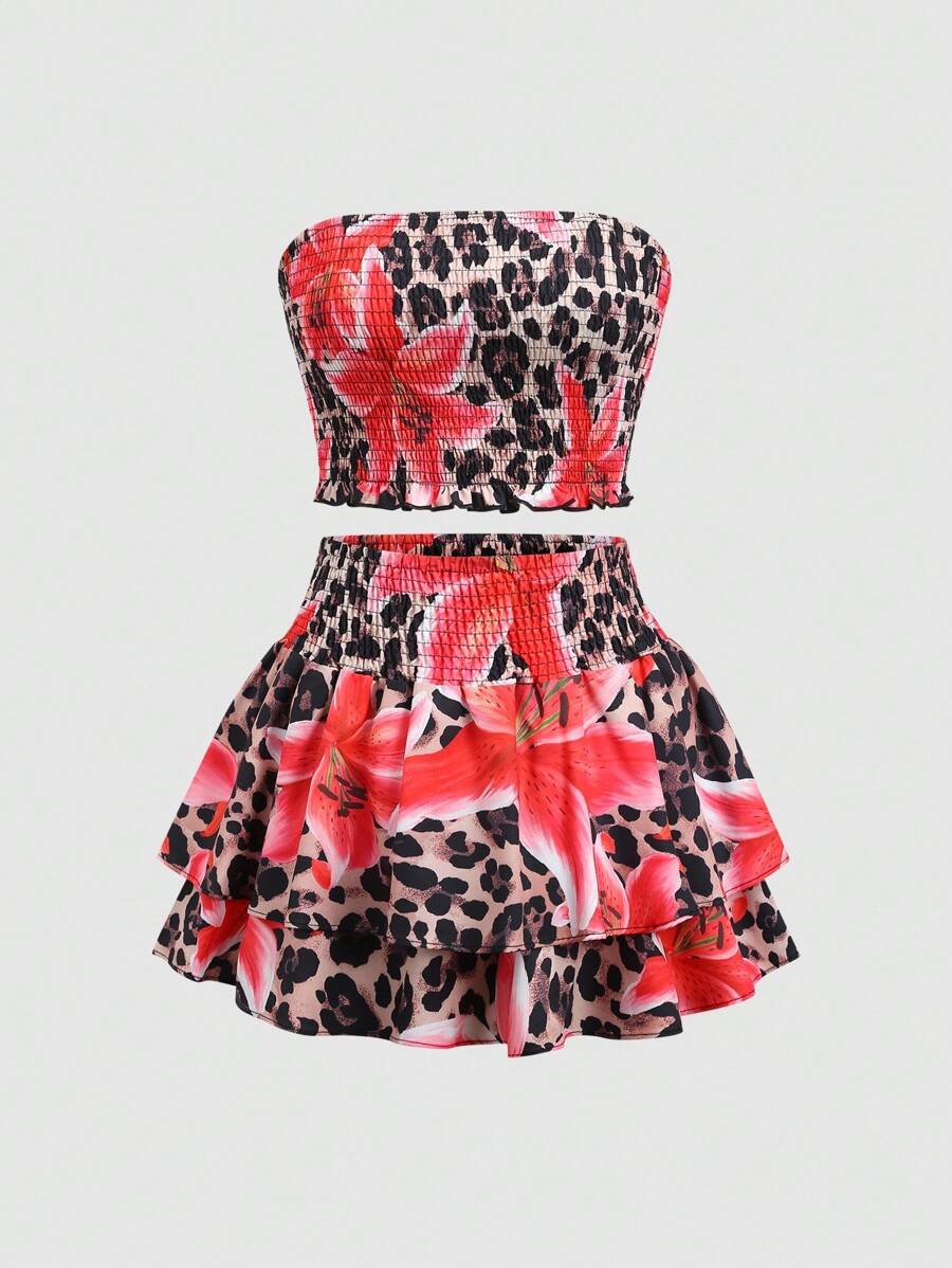 SHEIN Sweetro Bộ đồ hai mảnh thêu họa tiết da báo và chân váy nhiều lớp Y2K Outfit - Màu Hồng  Dưa hấu - Xem 1