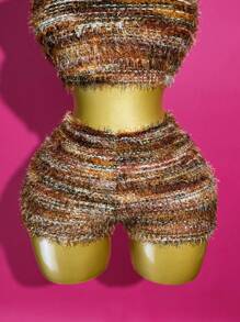 Slaydiva 2 件套 2025 春夏新款休闲街头风格性感毛绒纹理无袖高领露背短款上衣 + 条纹毛绒紧身迷你裙，适合音乐节、复活节、毕业典礼、日常穿着 - 彩色 - 查看 5