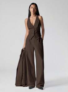 LYSMO 3 件套女士棕色镂空领长袖休闲西装外套、背心和裤子 - 棕色 - 查看 3