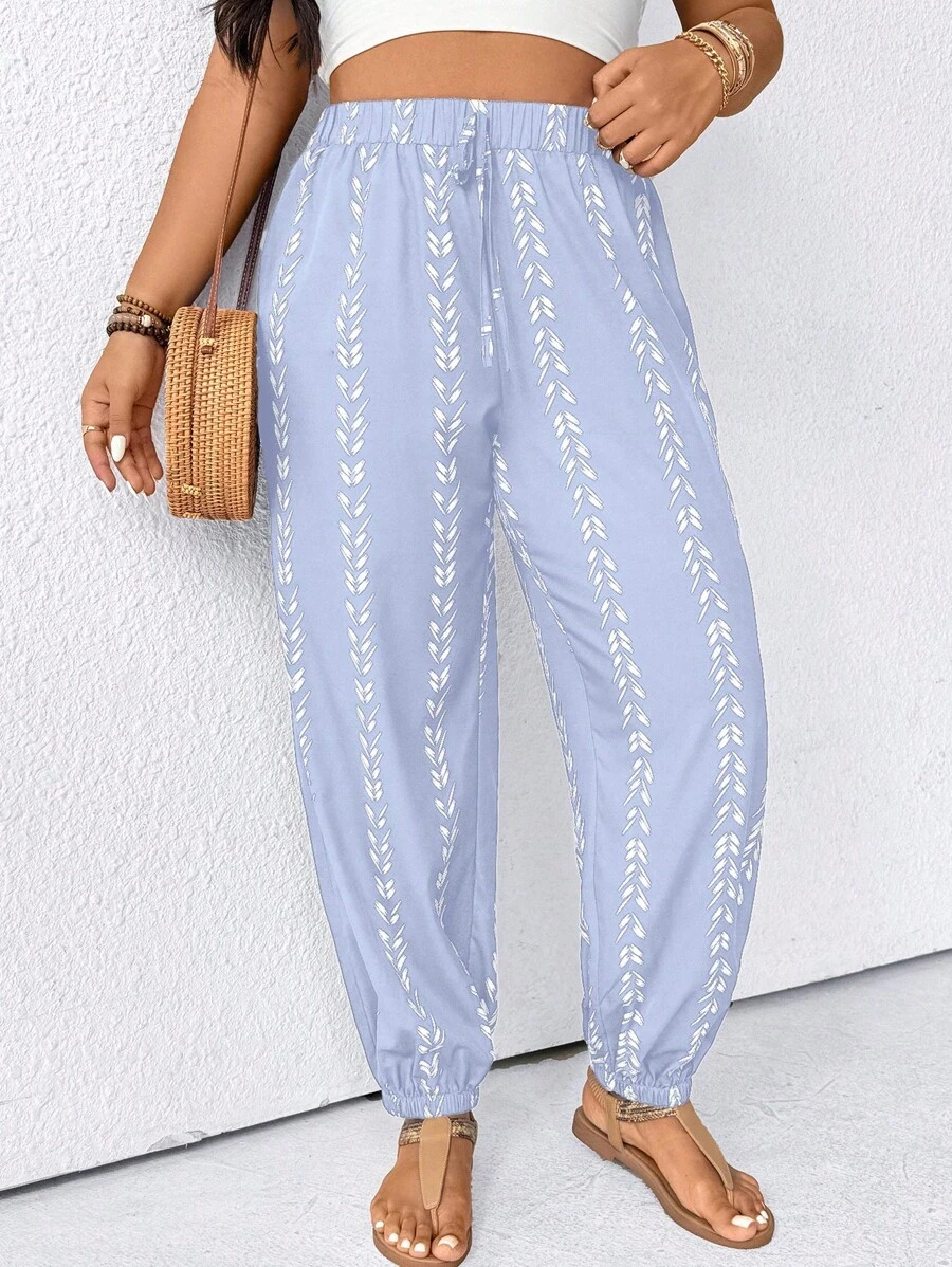 EMERY ROSE Plus Size Women Wide Leg Pants, Casual Chinese Style Trousers Suitable For Party, Gathering, Street Wear, Vacation, St. Patrick's Day, Easter, Valentine's Day, Thanksgiving, Versatile, Slimming, Spring/Summer Fall Cloth For Women - Blue and White - View 1