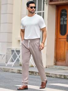 Manfinity VCAY Men's Casual Woven Elastic Waist Draw String Tapered Leg Pants, Suitable For Daily Wear Men Drawstring Pants, Fall, Old Money - Khaki - View 4