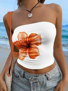 Muchica 女士修身花卉印花休闲抹胸，适合夏季 - 白色 - 查看 5