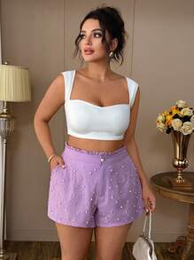 Celure Plus Size Women Pearl Decor Fitted Shorts