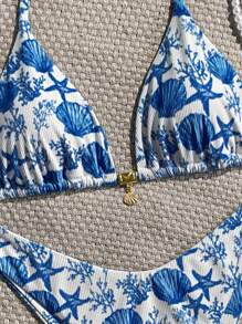 Swim Mod 2 件套夏季假期随机印花罗纹纹理面料金色贝壳装饰吊带文胸上衣和高腰泳裤性感比基尼泳装 - 彩色 - 查看 5