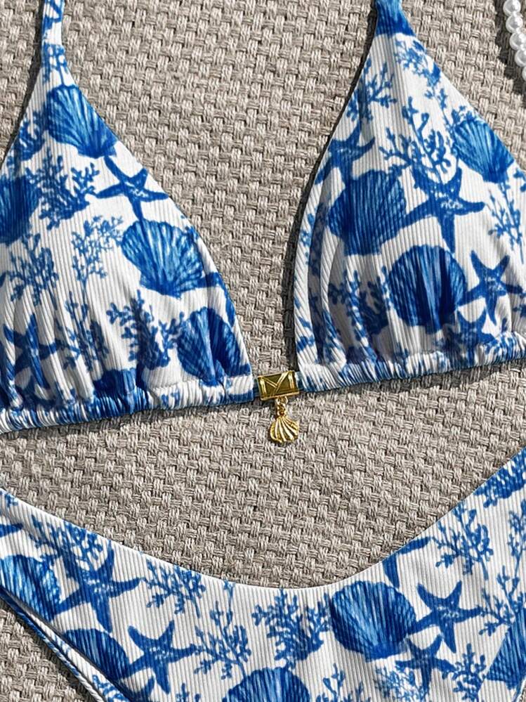 Swim Mod Set de 2 piezas Bikini de verano con top halter estampado de textura acanalada y con detalle de concha dorada, y braga de corte alto, traje de baño sexy - Multicolor - Añade 5