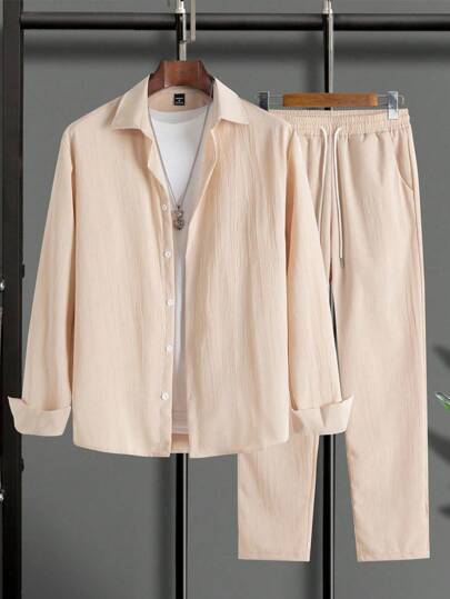 Manfinity Homme 2 件男士休闲纯色衬衫和裤子套装，复古风格，秋季服装，舒适服装