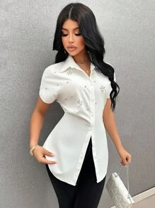 Vavine Women's Elegant Rhinestone Decoration Cinched Waist Blouse, Summer