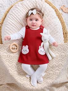 SHEIN Bộ đồ liền thân dài tay và váy họa tiết hoạt hình dễ thương cho bé gái sơ sinh - Đỏ - Xem 3