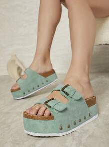 SHUZIA Open Toe Double Buckle Flatform Sliders Summer Shoes Spring Shoes Spring Break Easter Vacation Shoes Casual Shoes Beach Shoes Mother's Day Present - Mint Green - View 3