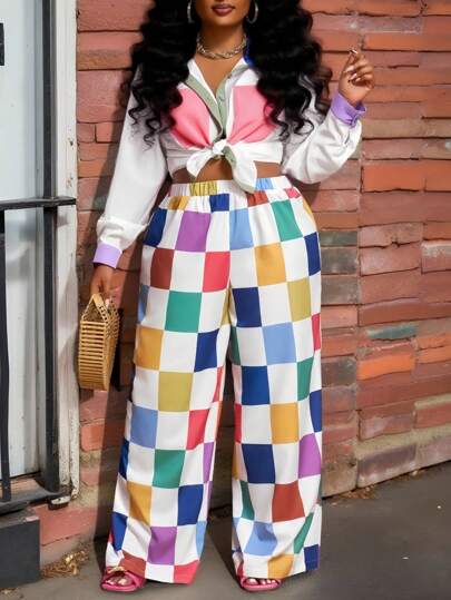 Slaydiva 2025春夏新款大码女装复古西部/热带度假/音乐节/夜店/公路旅行/生态旅游/休闲/城市度假/毕业典礼/优雅假日两件套宽松彩虹色编织衬衫领长袖口袋H字型上衣+宽松阔腿长裤女装两件套女装夏季服装
