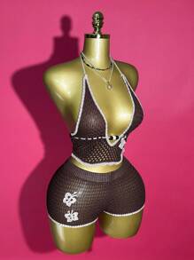 Slaydiva New Summer Casual Vacation, Street Daily Date, Birthday Party, Travel Season, Cruise Party, Beach Party, Sexy Y2K, Internet Celebrity Bestitems, Halter Top, Halter Neck, Tie, Deep V-Neck, Large Backless Cut Crop Top + Slim Super Shorts, Brown Woolen Suit, Three-Dimensional Flower Decoration Suit, Women's Sweater Two-Piece Set - Brown - View 5