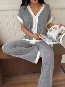 Lazeform 2 件套女士针织休闲拼色 V 领短袖上衣和裤子家居服套装 - 灰色 - 查看 5