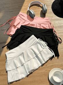 Attitoon 3pcs Women's Summer Cute Dance Skirt Set,White And Pink,Black Ruched Waist A-Line Layered Mini Skirts For Concerts,Cruises,Club Outings & - Multicolor - View 5