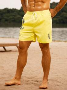 Surfspeed Men's Summer Chinese Dragon Print Drawstring Waist Beach Shorts - Yellow - View 3