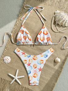 Swim Mod 2pcs/Set Summer Beach Vacation Random Ripple Pattern Textured Fabric Gold Starfish Decor Halter Bra Top & High Cut Bikini Bottoms Sexy Swimsuit - Multicolor - View 3