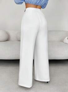SHEIN SXY Business Casual Leather Belt Wide Leg Suit Pants, White Wide Leg Pants Women ,White Dress Pants, White Flare Pants ,White Pants ,Wide Leg Pants,Fall Women Clothes,Teacher Outfits For Women,Back To School,Business Casual Woman,Work Pants,Old Money - White - View 2