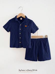 Cozy Pixies 2件套男童纯色领短袖开衫配松紧腰短裤 - 寶藍色 - 查看 3