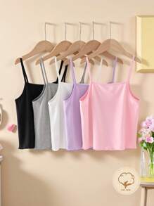 青少年女孩 5 件套可追溯材质内衣吊带背心套装，包括灰色、白色、浅紫色、浅粉色、黑色和深紫色，配有细肩带和领口蕾丝装饰，整体休闲风格适合日常穿着返校时尚