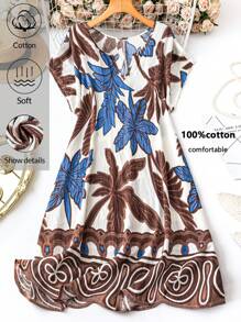 SHEIN LUNE Đầm đi biển họa tiết cây cọ cổ chữ V tay ngắn thường ngày cho nữ cỡ lớn, trang phục đi biển mùa hè Boho, váy nghỉ lễ bằng vải lanh cho nữ, quần áo công sở thường ngày thoải mái, vừa vặn, thư giãn, rộng rãi, phong cách thường ngày - Cà phê nâu - Xem 1