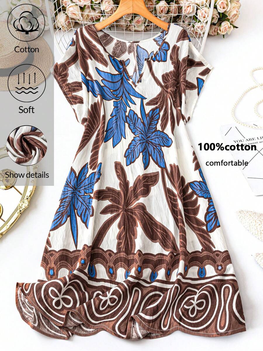 SHEIN LUNE Đầm đi biển họa tiết cây cọ cổ chữ V tay ngắn thường ngày cho nữ cỡ lớn, trang phục đi biển mùa hè Boho, váy nghỉ lễ bằng vải lanh cho nữ, quần áo công sở thường ngày thoải mái, vừa vặn, thư giãn, rộng rãi, phong cách thường ngày - Cà phê nâu - Xem 1