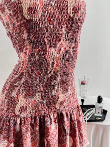 Chiquease 女式全印花休闲度假抹胸连衣裙 - 紅色 - 查看 5