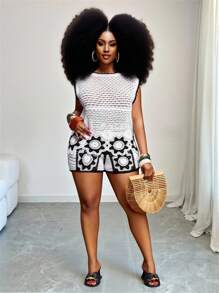 Veslaya Set de bluză și pantaloni scurți din tricot contrastant alb-negru, casual, pentru femei, mărime plus, pentru vacanță la plajă - Alb-negru - Vizualizare 13