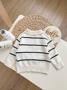 SHEIN Suéter de punto informal de media cremallera con cuello para bebé niño/niña con rayas multicolores - Albaricoque - Ver 2