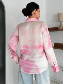 EURMUSE Women's Tie-Dye Print Long Sleeve Button-Up Casual Shirt - Pink - View 2