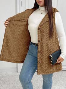 SHEIN Elenzya Plus Size Casual Fluffy Jacquard Solid Color Thick Hooded Single-Breasted Versatile Cardigan Vest Jacket Winter Fall Autumn - Brown - View 5
