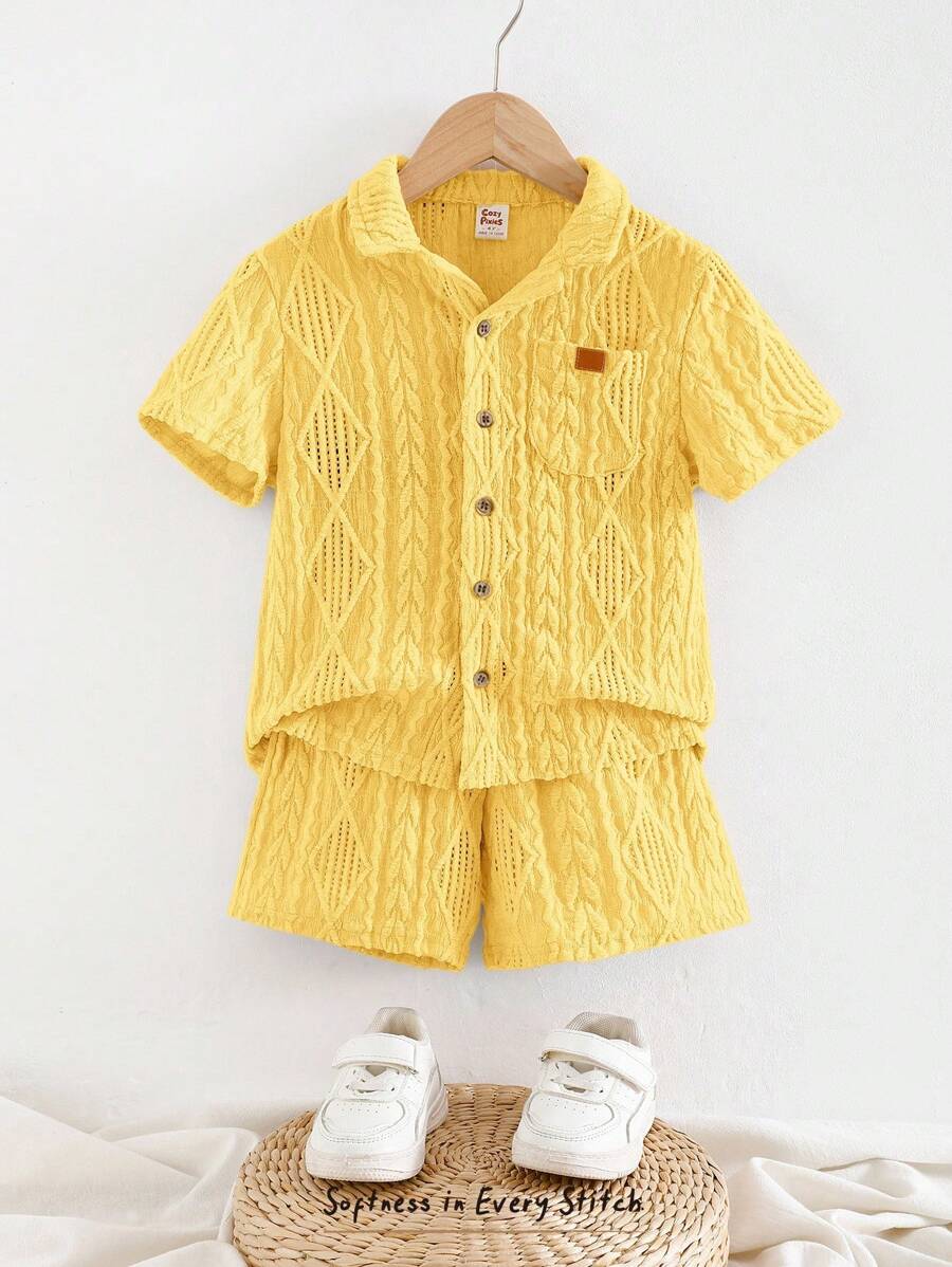 Cozy Pixies 2件套男童纯色Polo领短袖开衫和松紧腰短裤 - 黃色 - 查看 1