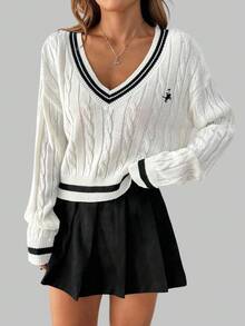 Franclia Halloween V-Neck Contrast Color Horse Embroidery Pullover Sweater, Multi-Color Set Fall Winter Cloth For Women - Black and White - View 8