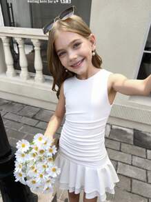 SHEIN Serisse Kids Vestido curto casual para meninas adolescentes com decote redondo, sem mangas, franzido lateral e tie-dye