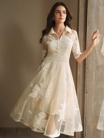 Anewsta 女士衬衫领镂空花卉蕾丝格子连衣裙，情人节，夏季海滩度假，新年装，春季，约会之夜