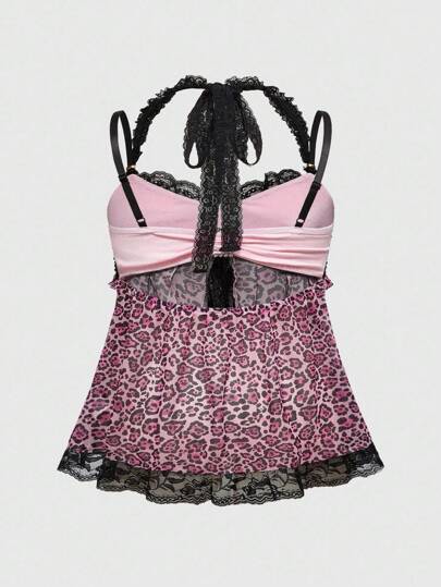 J-Fashion Sweet And Cute Diamond Decor Lace Patchwork Bow Leopard Print Plus Size Women Tank Top