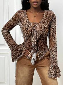 Slaydiva Elegant Brown Leopard Print Mesh Sheer Blouse,Autumn Ruffle Trim Tie Front Women Top For Night Out,Music Festival,Daily,Party,Date,Beach,Cruise - Multicolor - View 1