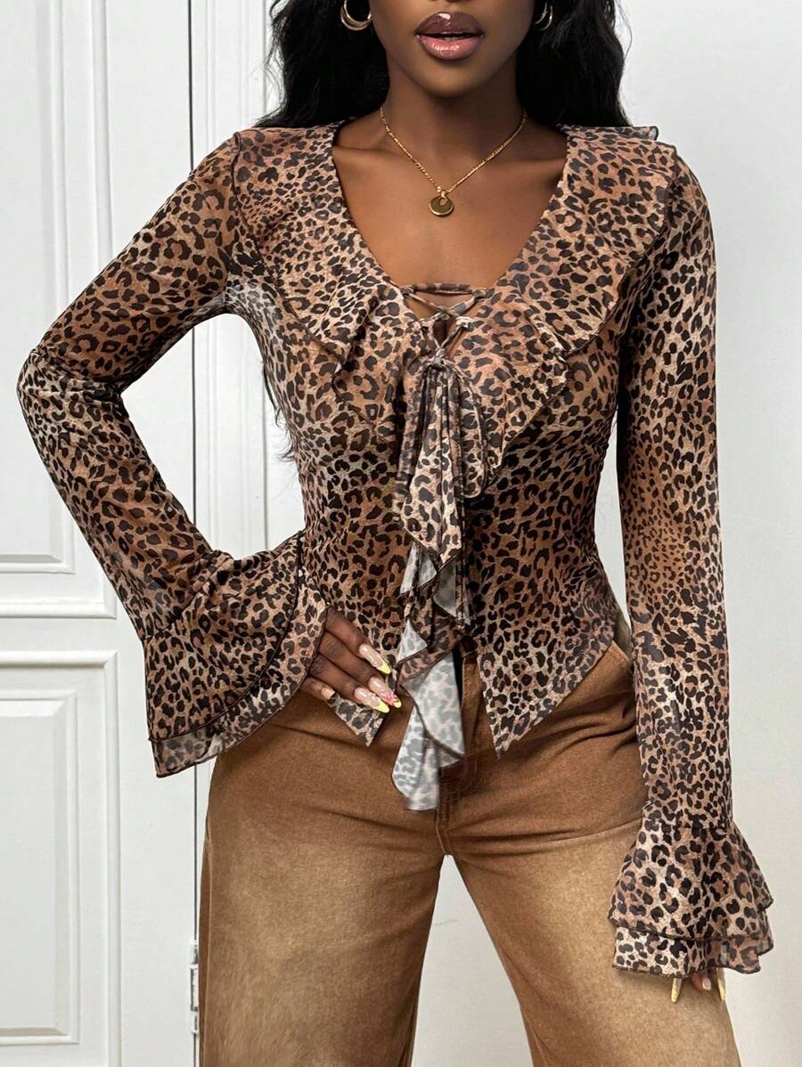 Slaydiva Elegant Brown Leopard Print Mesh Sheer Blouse,Autumn Ruffle Trim Tie Front Women Top For Night Out,Music Festival,Daily,Party,Date,Beach,Cruise - Multicolor - View 1