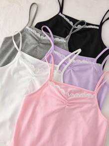 青少年女孩 5 件套可追溯材质内衣吊带背心套装，包括灰色、白色、浅紫色、浅粉色、黑色和深紫色，配有细肩带和领口蕾丝装饰，整体休闲风格适合日常穿着返校时尚