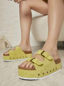 SHUZIA 圓頭雙搭扣厚底拖鞋 - 橄欖綠 - 查看 4